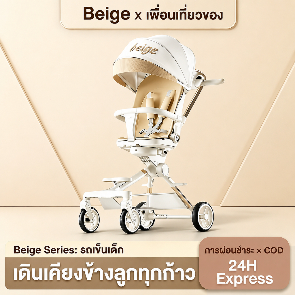 Beige รถเข็นเด็ก รถเข็นพับได้ 3ระดับ นั่ง/เอน/นอน เข็นหน้า-หลังได้ มีเบรค โช้คอัพ พกพา 1-3 ขวบ
