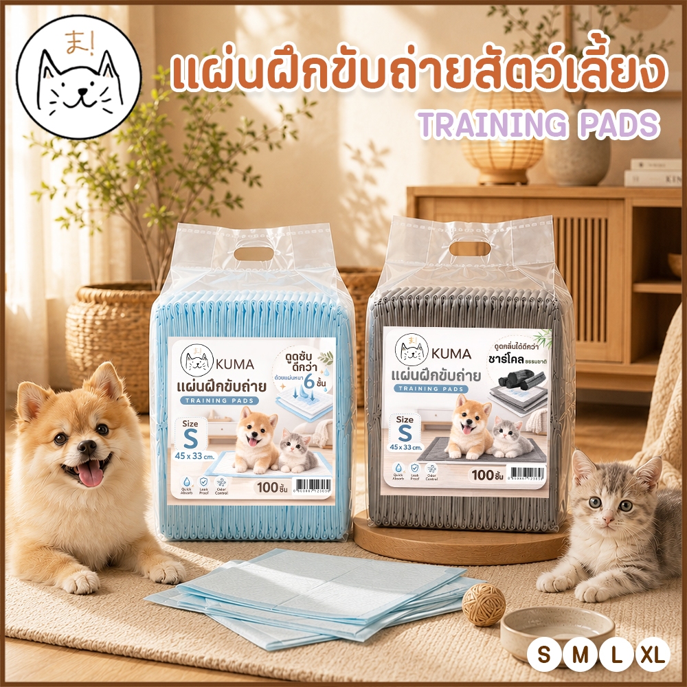 KUMAま แผ่นฝึกขับถ่ายสัตว์เลี้ยง Training Pee Pads ชาร์โคล  แผ่นรองฉี่สุนัข แมว กระต่าย แห้งไว ไม่รั่วซึม ช่วยลดกลิ่น