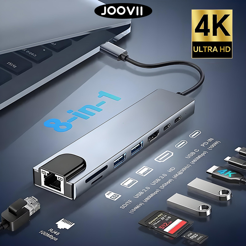 8-in-1 USB C HUB ประเภท C ถึงอะแดปเตอร์HDMI Type-C ถึงUSB 3.0 RJ45 เครื่องอ่านการ์ดPD สําหรับMacbook คอมพิวเตอร์โน้ตบุ๊ค