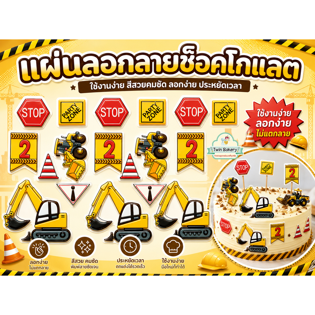🍫พร้อมส่ง 🍫 แผ่นลอกลายช็อคโกแลตสำหรับตกแต่งเค้ก ลายรถตักดิน