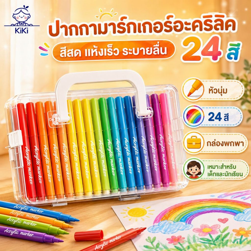 KiKi ปากกามาร์กเกอร์อะคริลิค 24 สี หัวนุ่ม สีสด แห้งเร็ว สำหรับวาดภาพ DIY งานศิลปะ