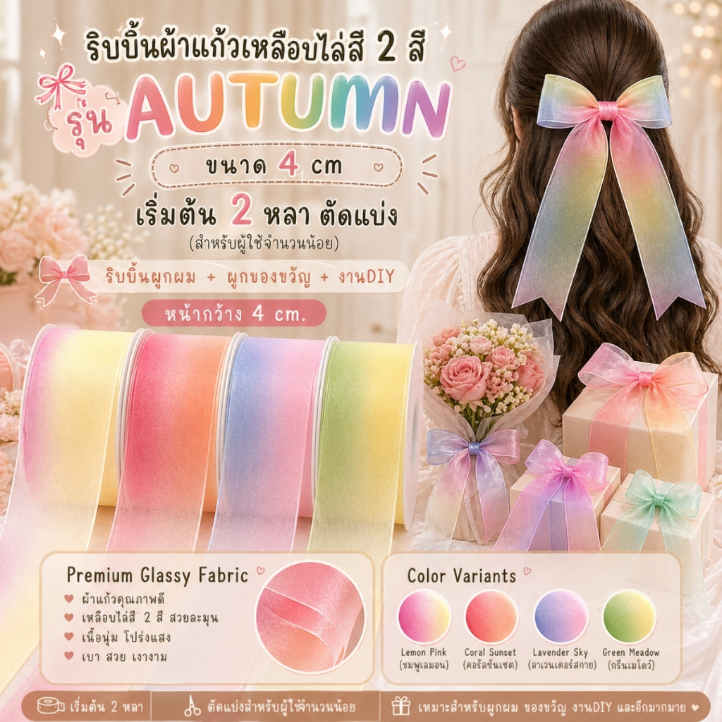 ริบบิ้นผ้าแก้ว ผ้าโปร่ง รุ่น AUTUMN 2 ริบบิ้นผ้าแก้วเหลือบ 2 สี ขนาด 4 cm. ไล่สี ผูกของขวัญวันเกิด [RBY-0031]