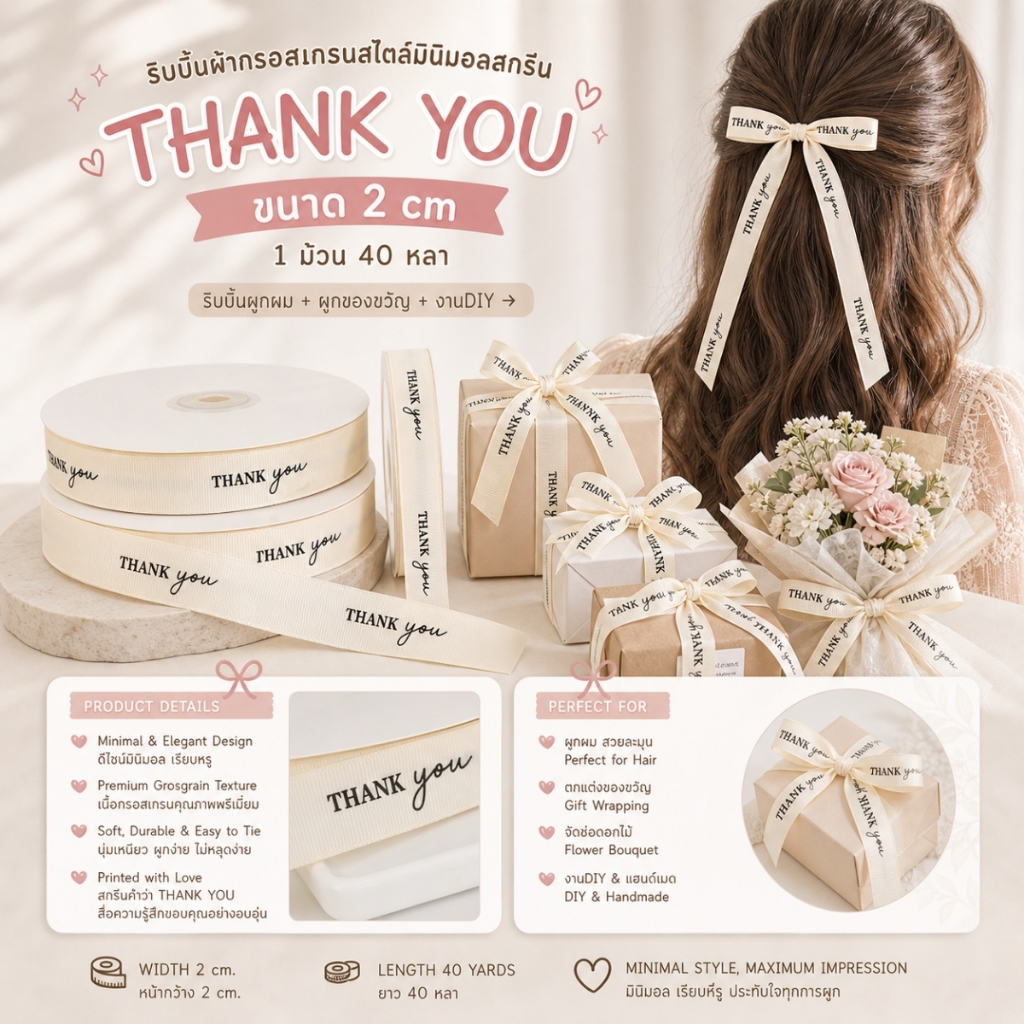 1 ม้วน【50 หลา】* ริบบิ้นผ้ากรอสเกรนมินิมอลสกรีนลาย Thank you ผูกของขวัญวันเกิด ผูกช่อดอกไม้ ตกแต่งต่างๆ [RBR-0035]