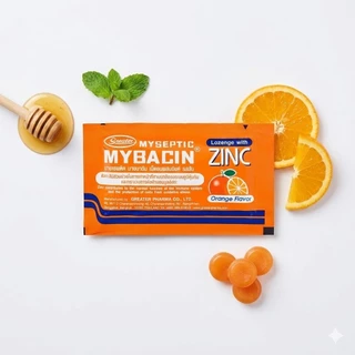MYBACIN ZINC มายบาซิน รสส้ม/รสมินต์ เม็ดอมผสมซิงค์ 10เม็ด exp08/26