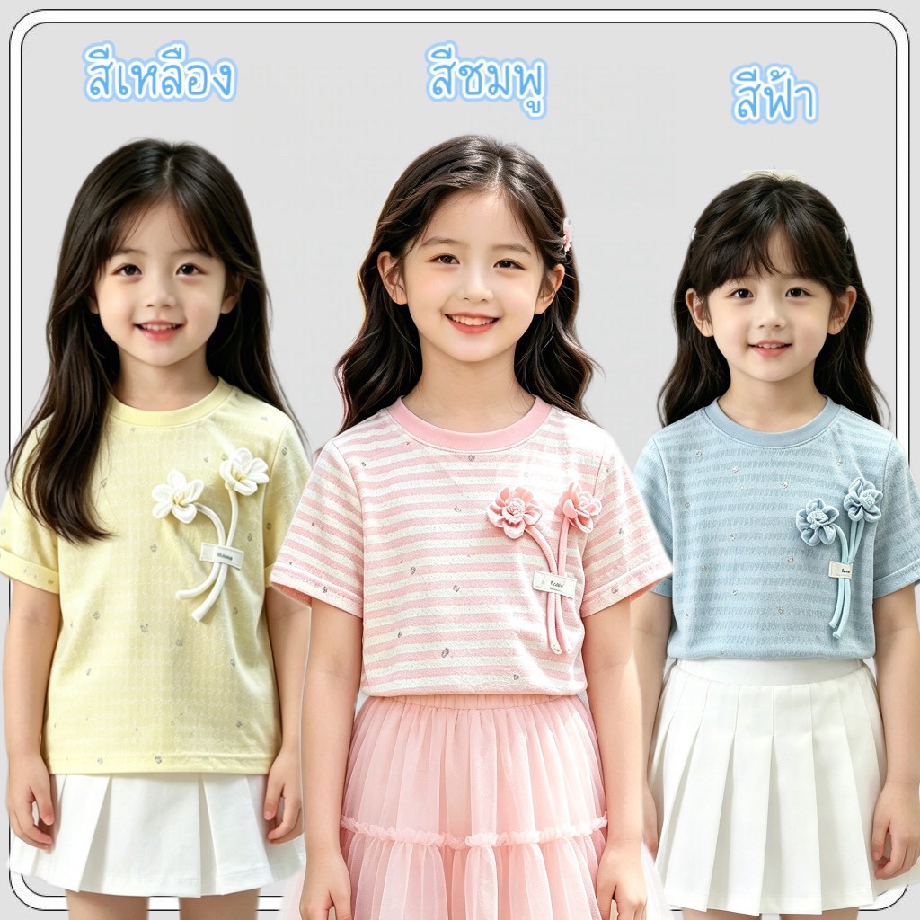 MC288 ชุดเด็กผู้หญิง เสื้อแขนสั้นแต่งโบว์ ลุคคุณหนูน่ารัก งานเกาหลี