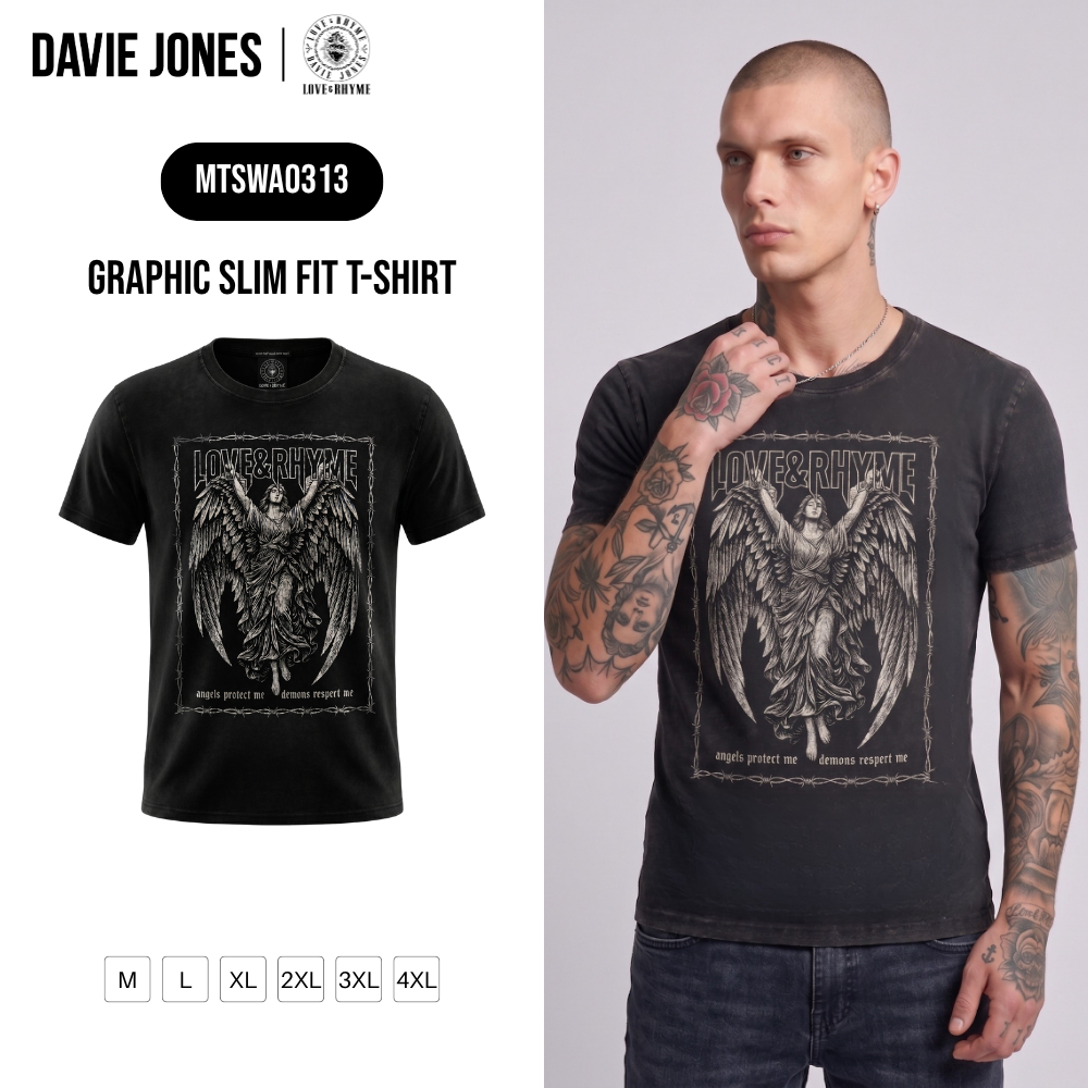 DAVIE JONES [LOVE & RHYME] เสื้อยืดผู้ชาย Graphic Slim Fit T-Shirt สีดำฟอก WA0313