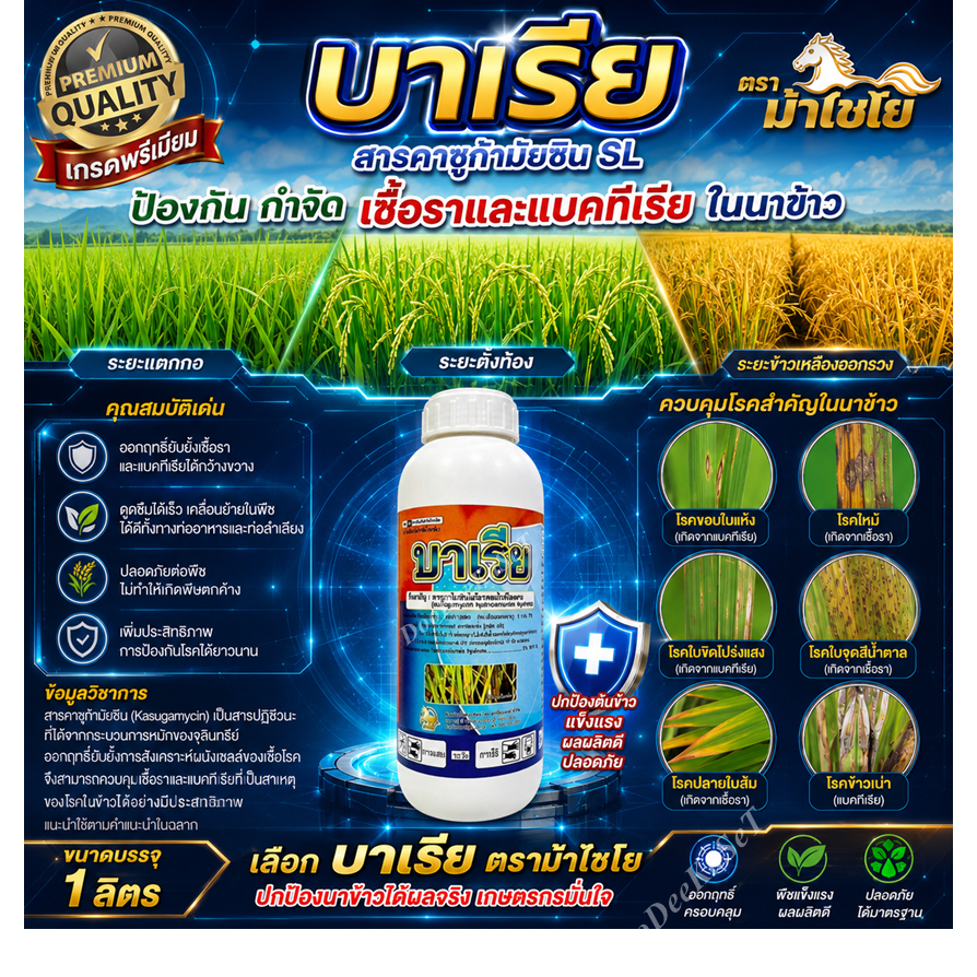 บาเรีย 1 ลิตร คาซูก้าไมซิน SL ป้องกันกำจัดโรคพืช จากแบคทีเรีย เชื้อรา ในข้าว เช่น ขอบใบแห้ง ใบไหม้ ใบขีดสีส้ม