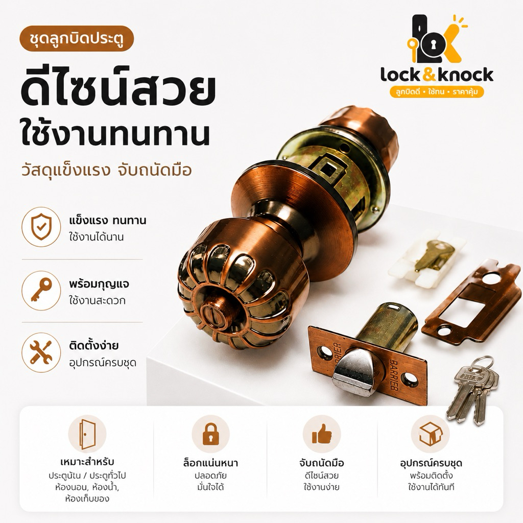 ลูกบิดประตู ลูกบิด พร้อมกุญแจ 3 ดอก ลูกบิดสี copper ไส้ทองเหลือง