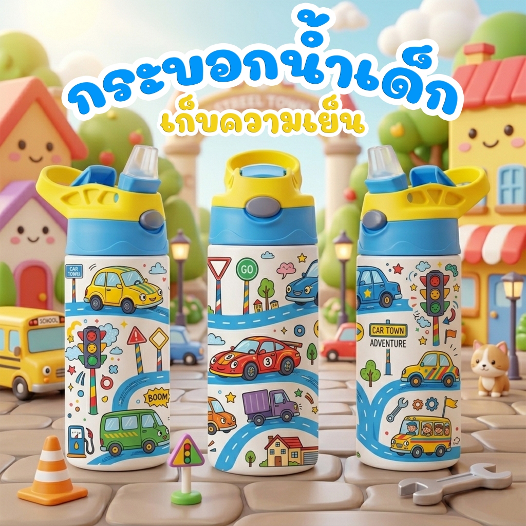 กระบอกน้ำเด็กเก็บความเย็น สกรีนลายรอบใบ สีสันสดใส ไม่ลอกไม่จาง ความจุ 360ml. สแตนเลส 304 แก้วน้ำเด็ก