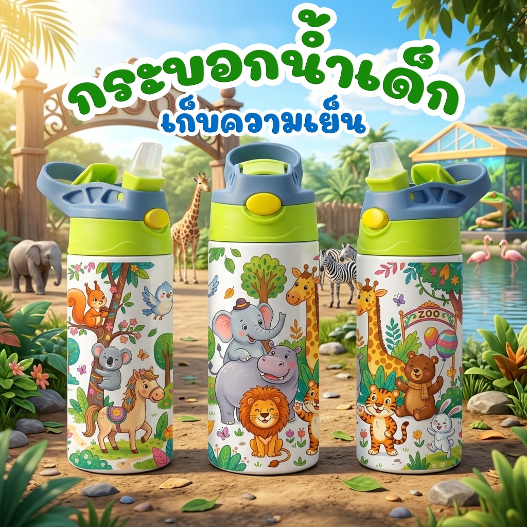 กระบอกน้ำลายสวนสัตว์ Zoo เก็บอุณหภูมิ ร้อน-เย็น สแตนเลส304 ความจุ360ml. แก้วน้ำเด็ก ขวดเก็บความเย็น