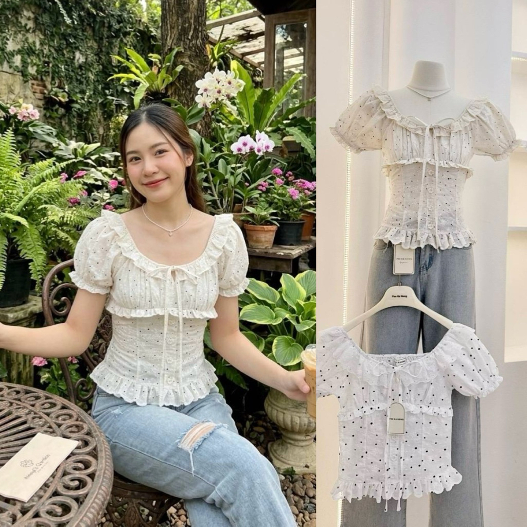 เสื้อลายจุดผ้าฉลุปักแต่งระบายน่ารัก