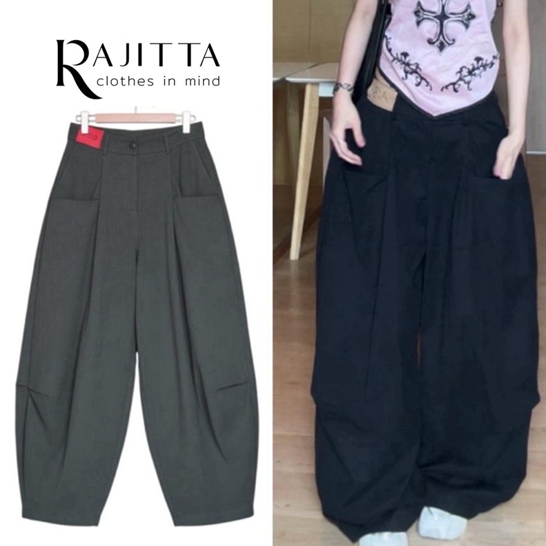 RAJITTA กางเกงขายาว ขากระบอกใหญ่ แต่งกระเป๋าหน้า เอวด้านหลังมีเลเยอร์ยืดได้แบบเอวสม๊อค