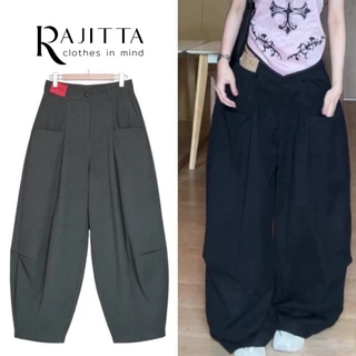 RAJITTA กางเกงขายาว ทรงบอลลูน มีกระเป๋าหน้า ขากระบอกใหญ่ เอวด้านหลังมีเลเยอร์ยืดได้แบบเอวสม๊อค
