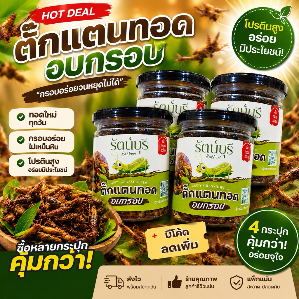 4 กระปุก ตั๊กแตนไข่ทอดอบกรอบ โปรตีนสูงทอดเฉพาะตามคำสั่งซื้อ ไม่เหม็นหืน อร่อย กรอบ