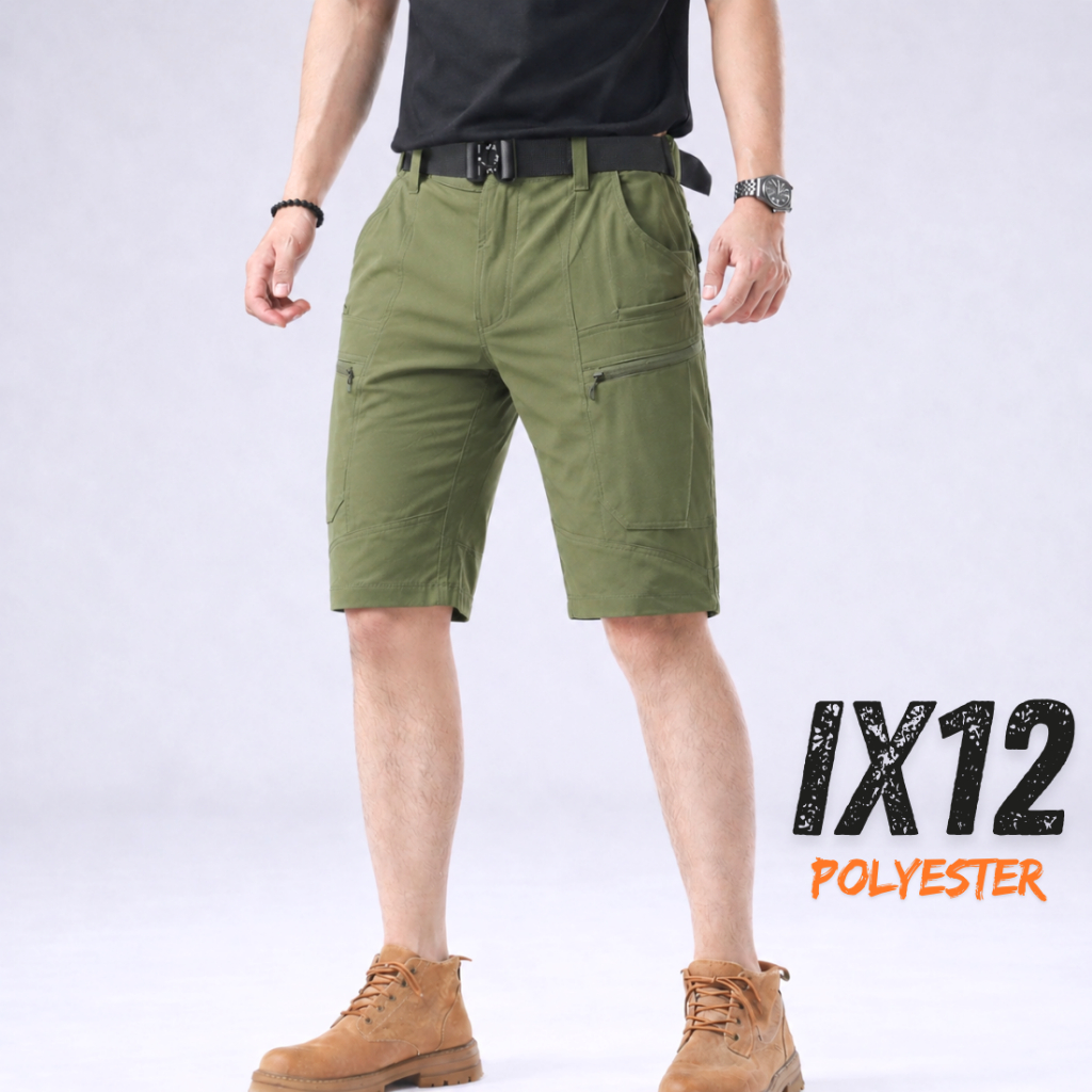 IX12 กางเกงคาร์โก้ ขาสั้น กางเกงยุทธวิธี ผ้ายืด สีเขียว มีซับใน มีช่องกระเป๋าหลายช่อง XS-5XL