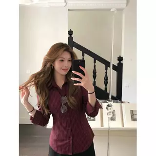 cherryshop พร้อมส่ง เสื้อเชิ้ตแขนยาวลายทางสำหรับผู้หญิงแบบสง่างามและมีสไตล์ มีปกและกระดุมหลังเอวยางยืด ทรงสวย