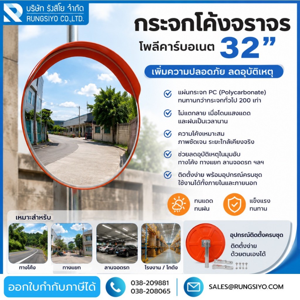 กระจกโค้งจราจร โพลีคาร์บอเนต 32 นิ้ว พร้อมอุปกรณ์ยึดกระจก