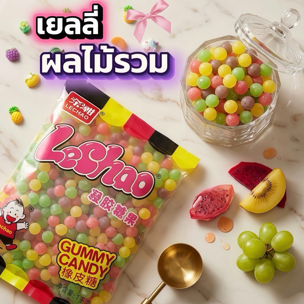 เยลลี่ผลไม้รวม Lechao ขนมเยลลี่ทรงกลมกินอร่อย เคี้ยวเพลินทุกเม็ด กลิ่นหอม รสชาติฟินสุดๆ สายเยลลี่ต้องมีติดบ้าน 😋