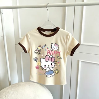 เสื้อผู้หญิงคอกลมสไตล์เกาหลี ลายเฮลโลคิตตี้สุดน่ารัก มีไซส์ M-3XL หวานและน่ารัก จัดส่งรวดเร็ว