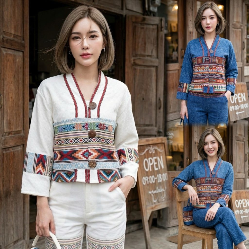 เสื้อพื้นเมืองผู้หญิงแต่งผ้าทอลายมีกระเป๋าหน้าใช้งานได้จริง  รุ่น “ขวัญทอมงคล”