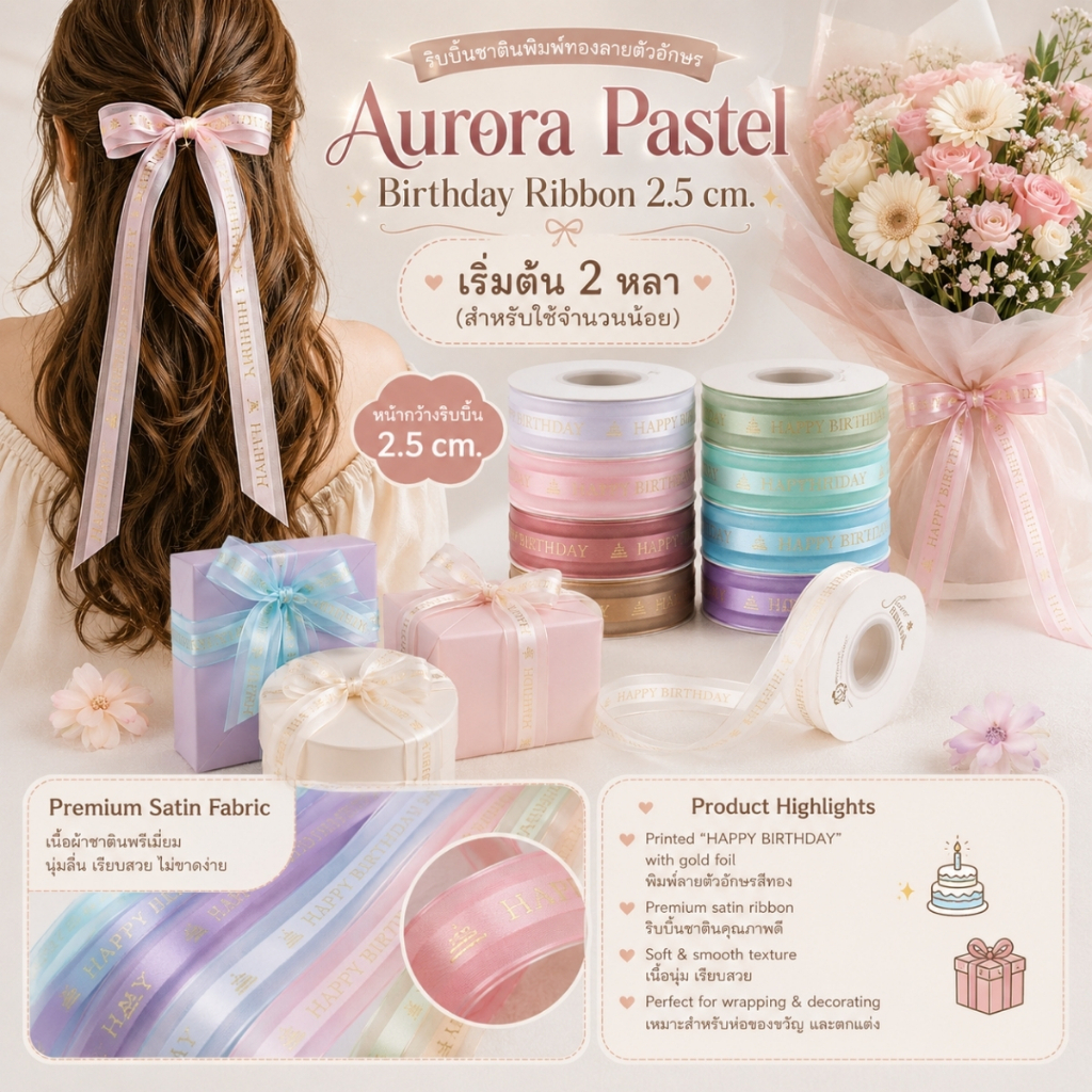 Aurora Pastel Birthday Ribbon 2.5 cm.– ริบบิ้นซาตินพิมพ์ทองลายตัวอักษร Happy Birthday ผูกของขวัญ [RBY-0106]