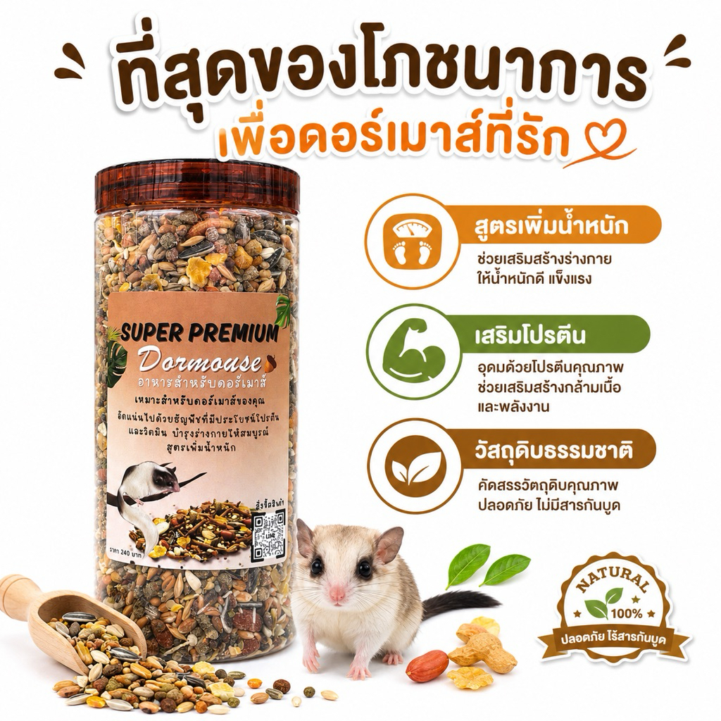 อาหารดอร์เมาส์ สูตรพรีเมียม Super Premium Dormouse 450 กรัม ธัญพืชรวม โปรตีนสูง เสริมภูมิคุ้มกัน