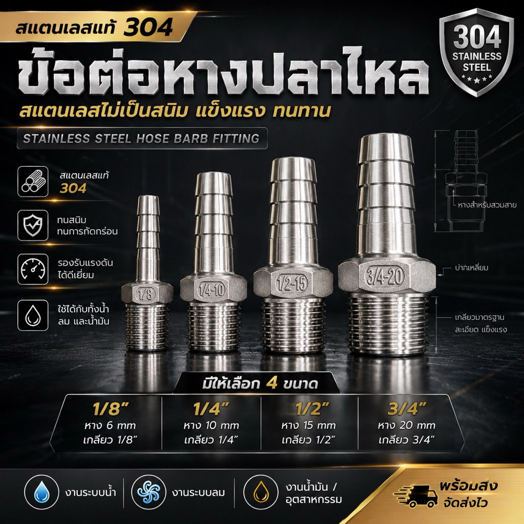 ข้อต่อหางปลาไหลสแตนเลส 304 แท้ (เกลียวนอก) มีเลือก 4 ขนาด 1/8" 1/4" 1/2" 3/4" หางปลาไหลสแตนเลส ข้อต่อลม ข้อต่อประปา