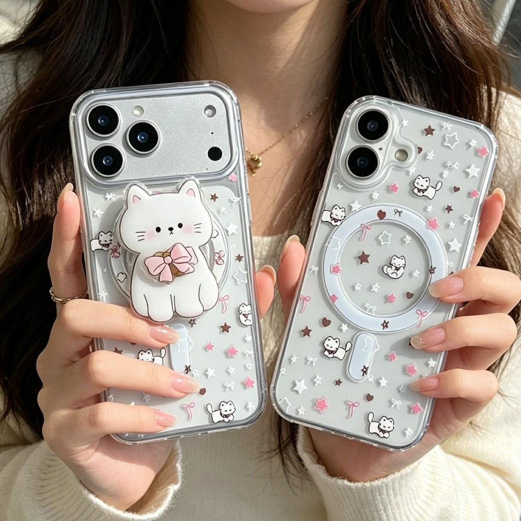 เคสใสชาร์จได้ลาบแมวพร้อมกิ๊บต๊อก pop up แม่เหล็ก สำหรับ for iPhone 17 pro max 16 pro max 15 pro max 14 pro max 13 12 11