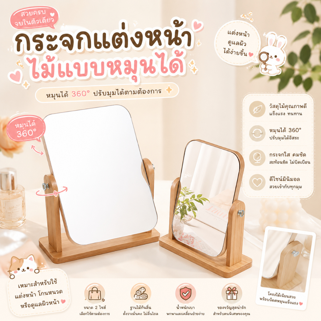 ส่งด่วน กระจกตั้งโต๊ะ กระจกมินิมอล แต่งหน้า หมุน360องศา กระจกไม้มินิอล สไตล์เกาหลี สามารถปรับ แบบพกพาได้