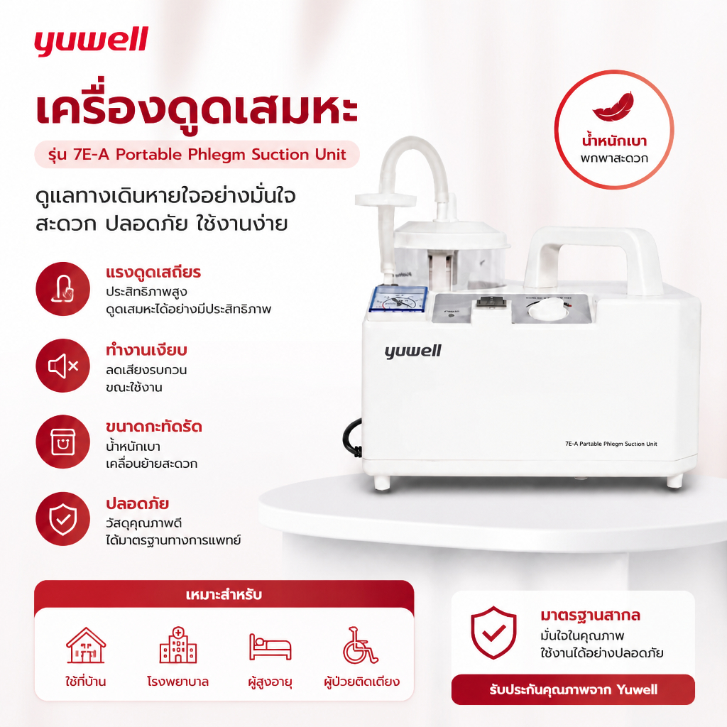 เครื่องดูดเสมหะ Yuwell รุ่น 7E-A แรงดูดสูง ใช้งานสะดวก พร้อมอุปกรณ์ครบชุด