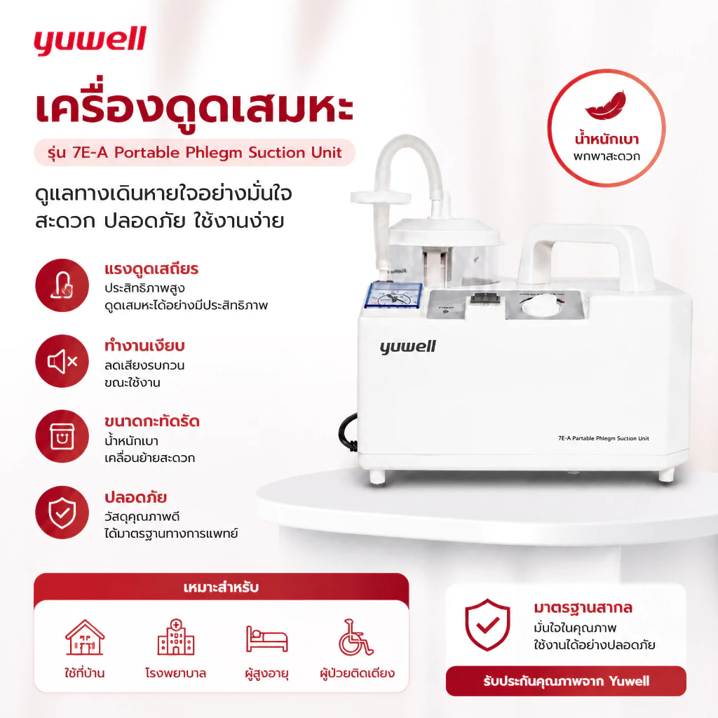 เครื่องดูดเสมหะ Yuwell รุ่น 7E-A แรงดูดสูง ใช้งานสะดวก พร้อมอุปกรณ์ครบชุด