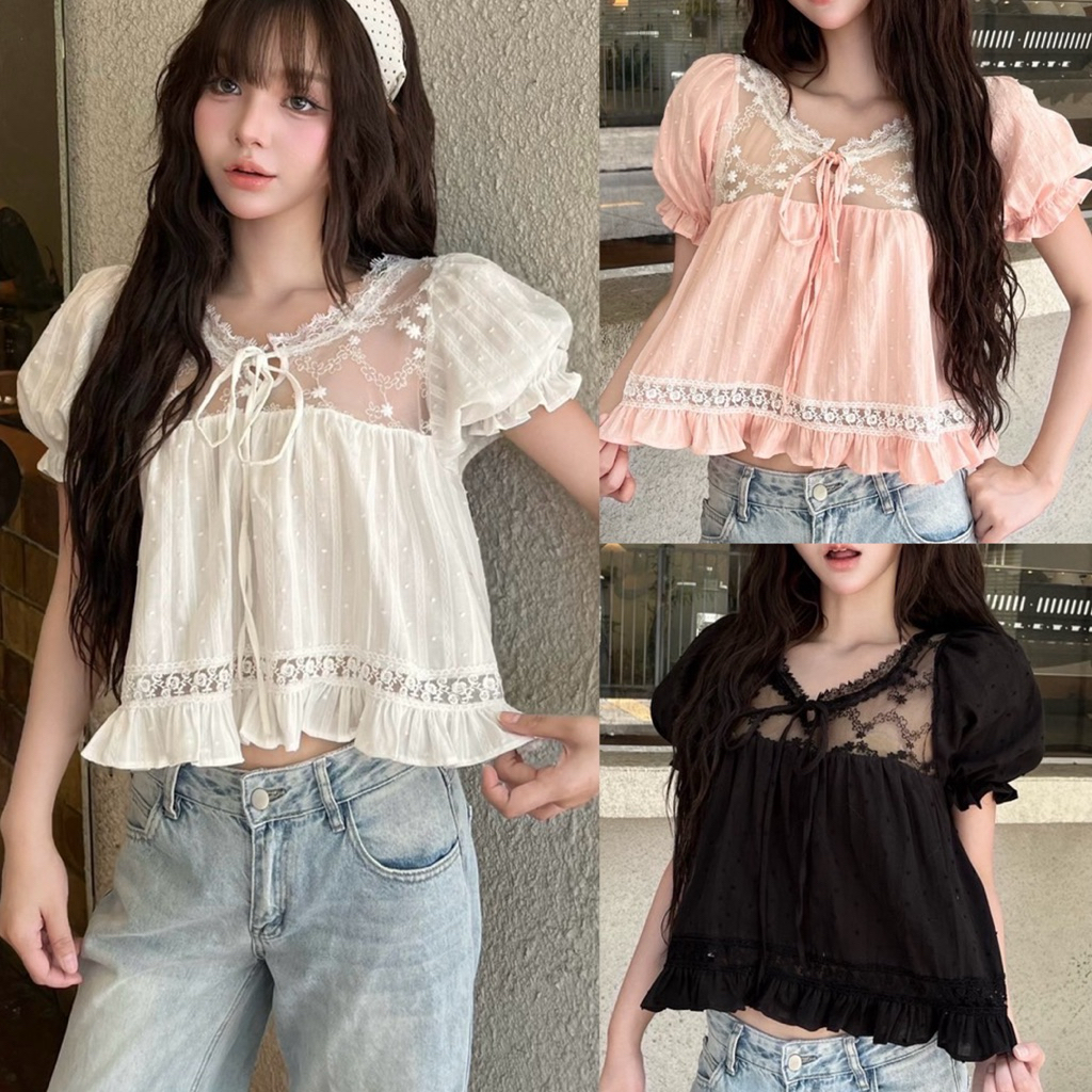 🌟Mamildya.shop🌟 เสื้อแขนตุ๊กตา แต่งลูกไม้/ L3-2/NUSA-C⚫