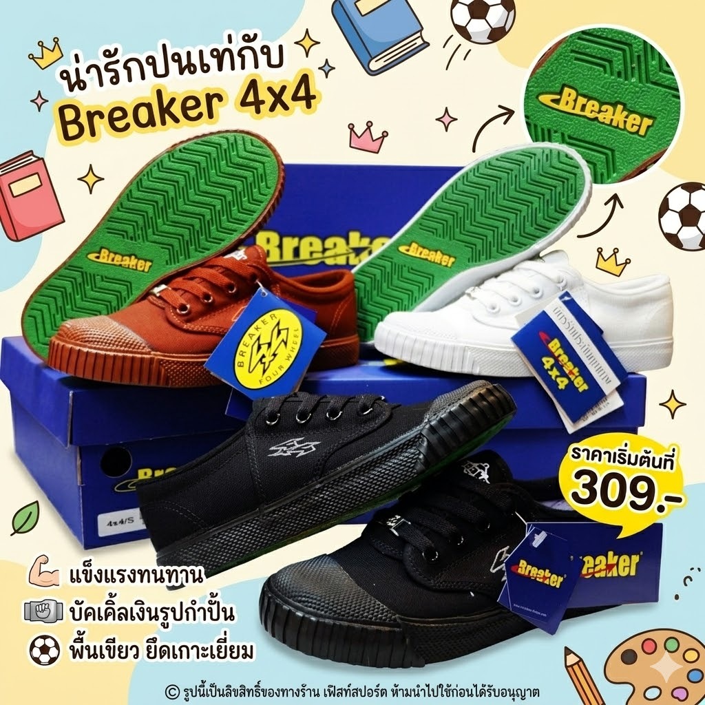 สินค้าพร้อมส่ง รองเท้านักเรียน ผ้าใบ Breaker รหัส 4x4