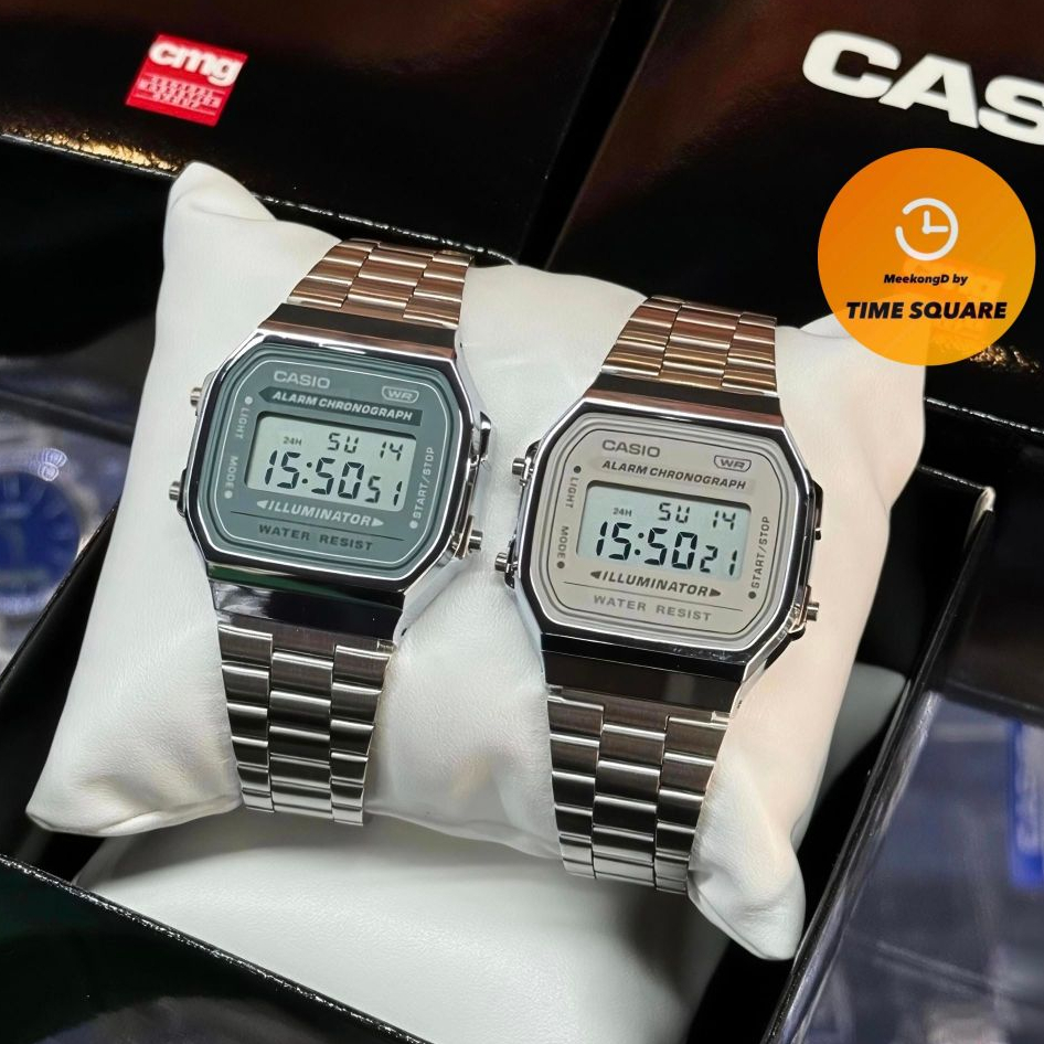 CASIO A-168WA หน้าปัด36มม. นาฬิกาชาย-หญิง สายสแตนเลส กันน้ำ มีแสงสว่าง คาสิโอแท้ รับประกันศูนย์1ปี