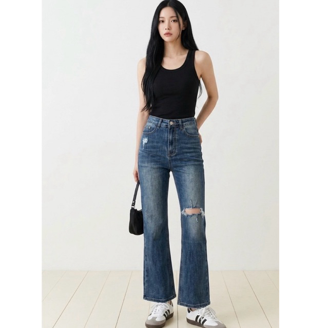 3785กางเกงยีนส์ทรงกระบอกเอวสูงสีเข้ม ผ้ายืด แต่งขาดBAVE JEANS