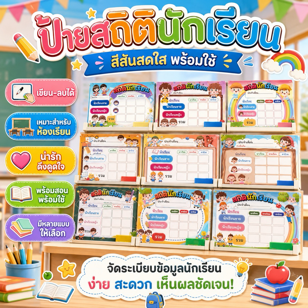 บอร์ดสถิตินักเรียน 40*30 cm มี 29 แบบ เเบบติดฟิว/กระดานไวท์บอร์ด