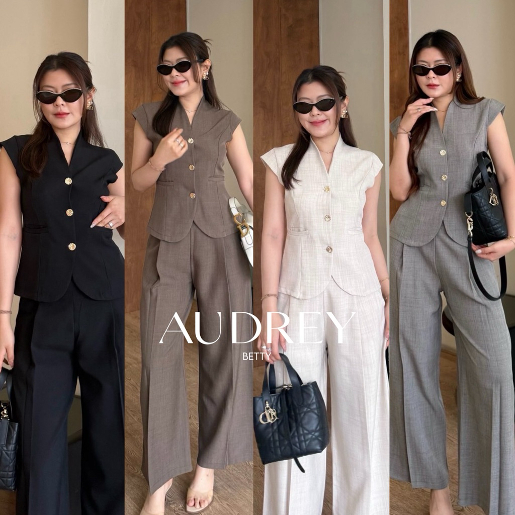 Audrey Set  ชุดเซ็ตเสื้อทรงคอปีนแขนปีน (ส่งด่วน🚗) พร้อมกางเกงขายาวทรงขาบาน มี 5 สี | betty