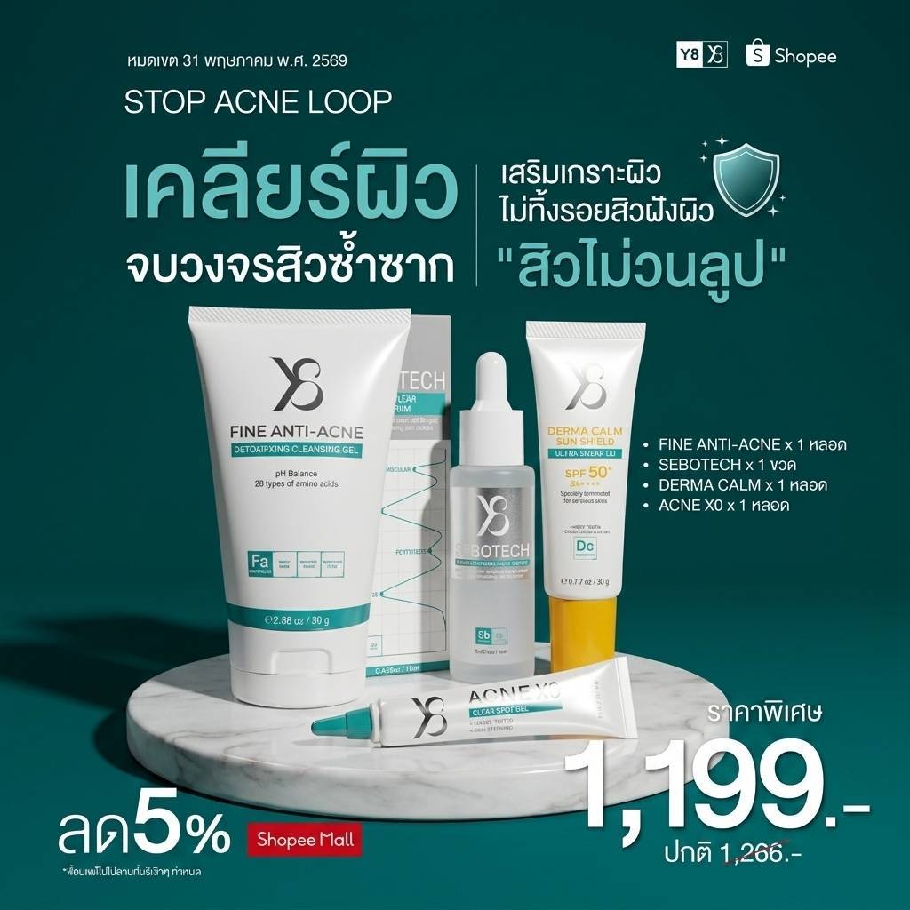 [Y8 แบรนด์] เซตจบวงจรสิวซ้ำซาก 4 ชิ้น (Fine Anti-Acne + Sebotech + Derma Calm + Acne XO)