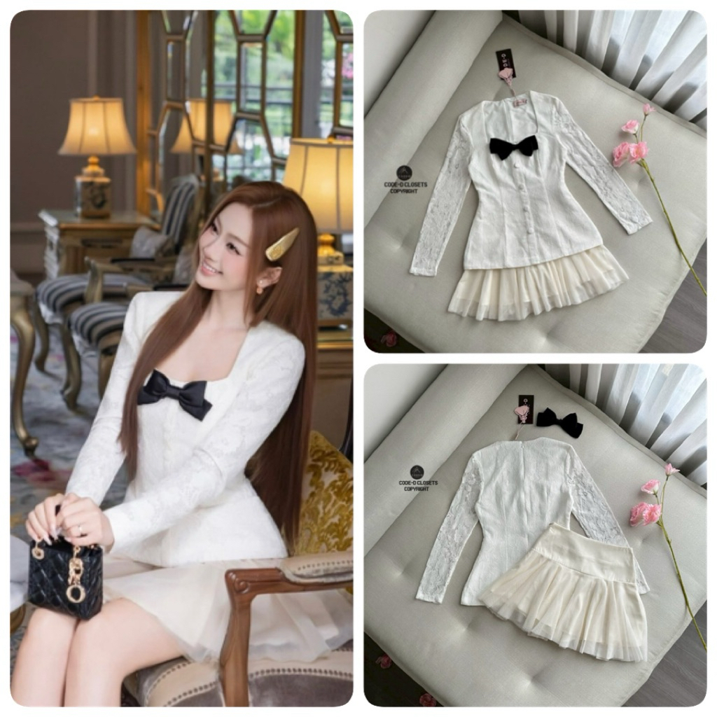 CODE-D CLOSETS เซต2ชิ้น เสื้อลูกไม้สีขาวแขนยาวคอเหลี่ยม ช่วงแขนแต่งผ้าลูกไม้ซีทรู