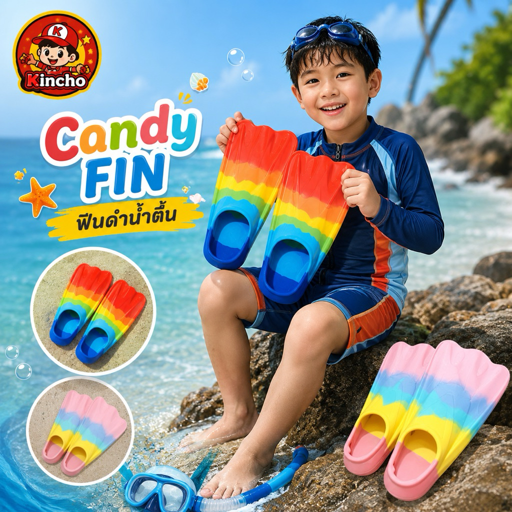 Candy FIN ฟินดำน้ำตื้น ตีนกบว่ายน้ำเด็ก ผู้ใหญ่ ซิลิโคนนุ่ม ฟินฝึกว่ายน้ำ ฟินดำน้ำ Snorkeling สี Rainbow Pastel พร้อมส่ง