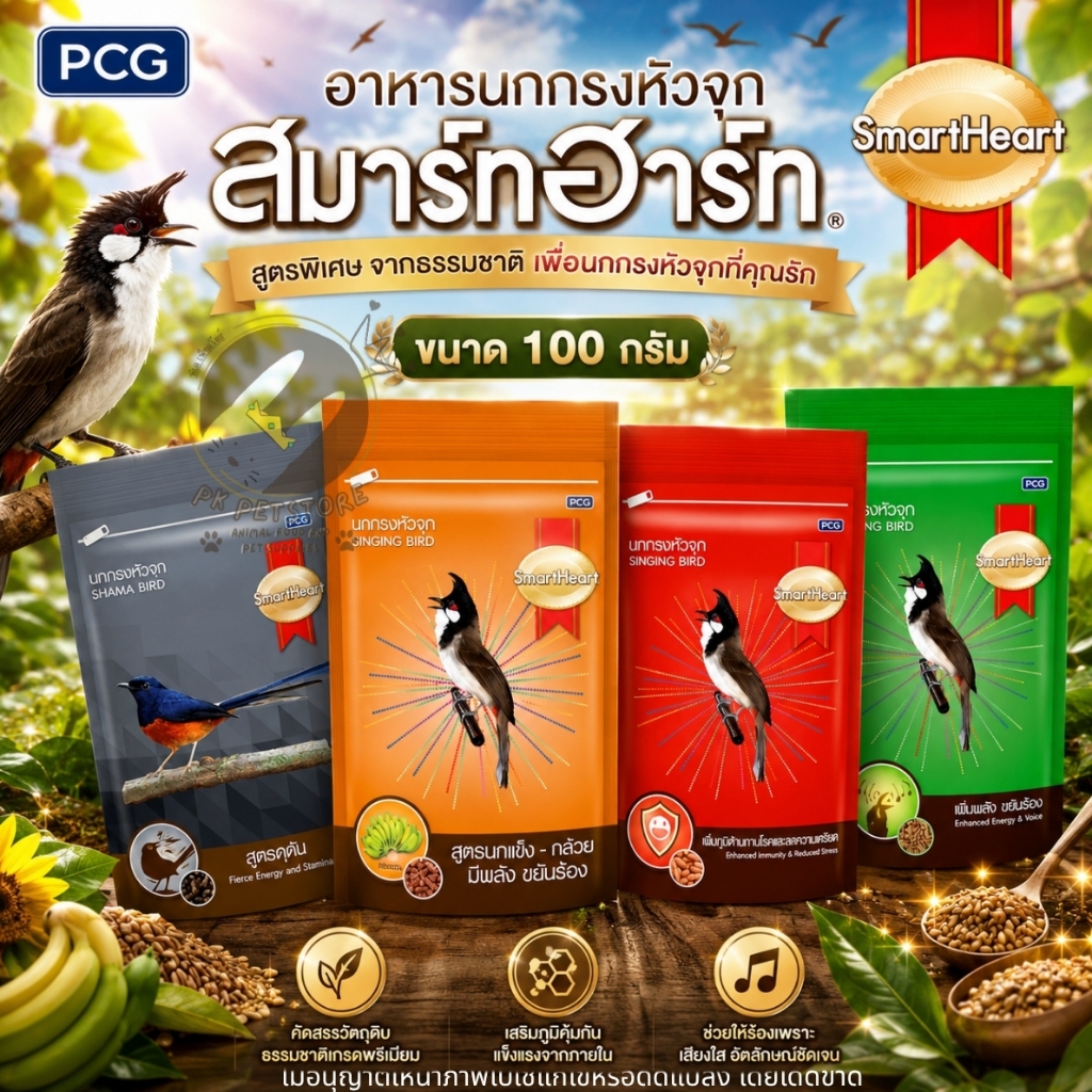 SmartHeart สมาร์ทฮาร์ท อาหารนก สำหรับนกกรงหัวจุกและนกกางเขนดง คัดสูตรพิเศษจากธรรมชาตินานาชนิดทุกช่วงอายุ[ขนาด100กรัม]