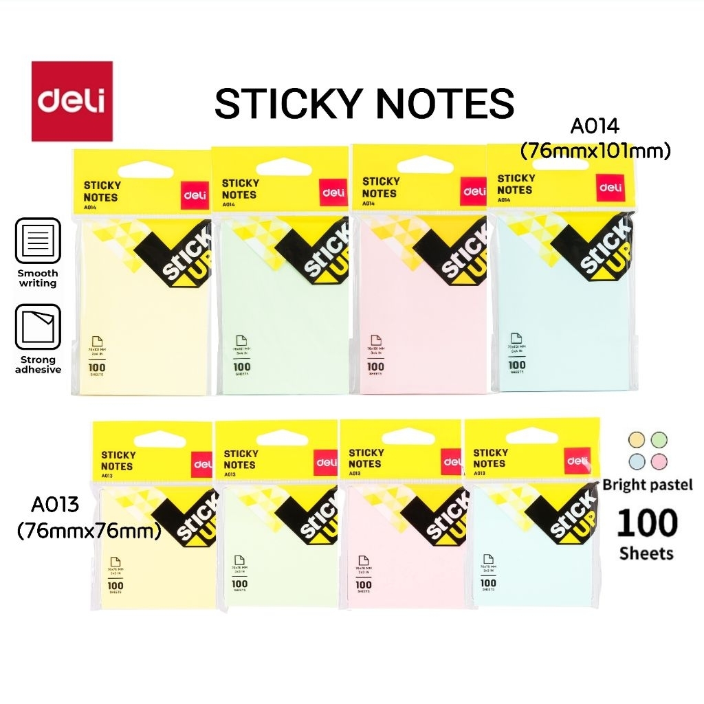 Deli กระดาษโน้ตมีกาว Sticky Notes A013 (76x76มม.), A014 (76x101มม.) โทนสีพาสเทล จำนวน 100 แผ่นต่อแพ็ค