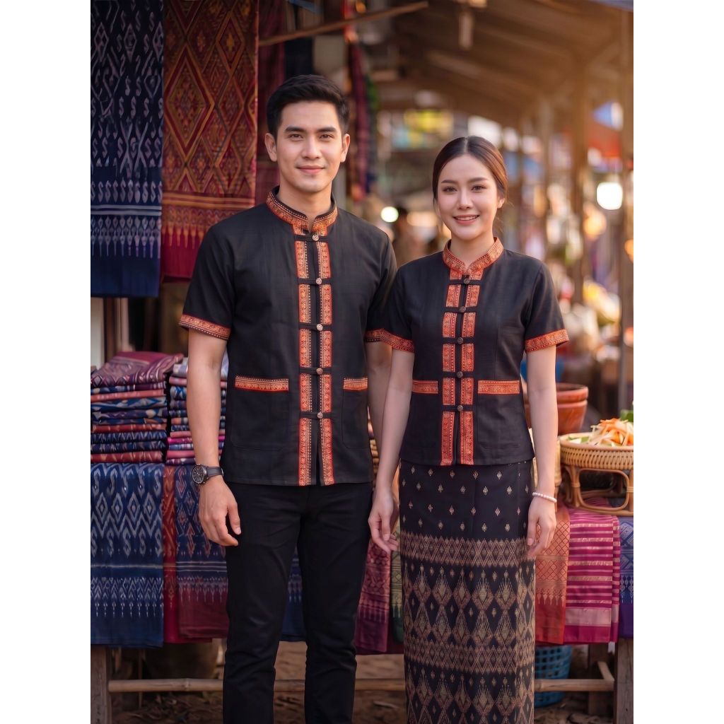 เสื้อพื้นเมืองภูไทชายและหญิงแขนสั้น ผ้าฝ้ายเกรดA เนื้อนุ่มใส่สบาย แถม!!ถุงใส่แก้วน้ำ
