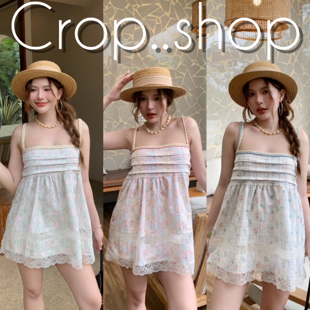 crop..shop มินิเดรสสายเดี่ยว งานดูดีสวย สายเสื้อสวย เเต่งระบายเก๊ๆ ผ่าหน้า ลายน่ารักมาก ลงตัวสุดๆ
