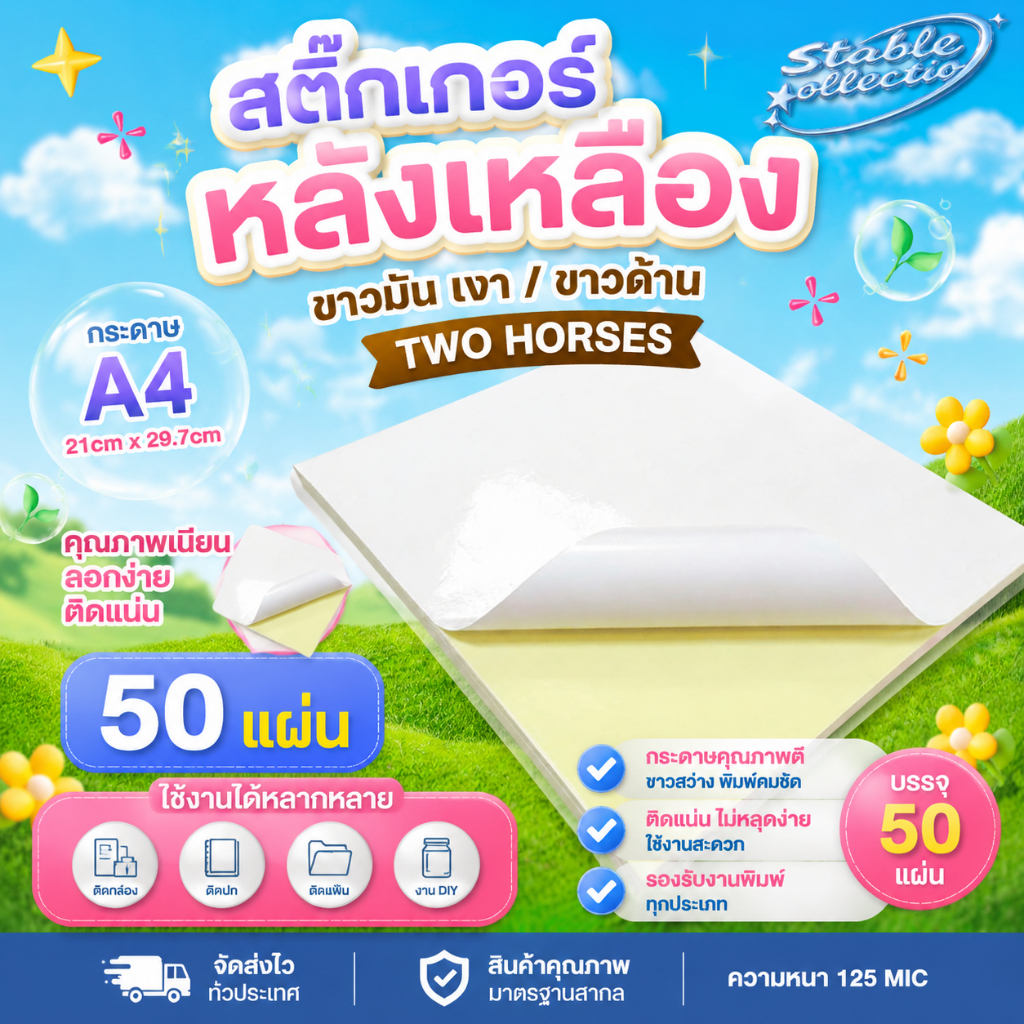 [ส่งด่วน] สติ๊กเกอร์  ขาวมัน เงา ขาวด้าน  80 แกรม (50 แผ่น) กระดาษ A4 สติ๊กเกอร์, สติ๊กเกอร์กระดาษ