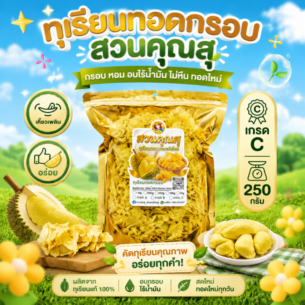 (ส่งด่วน)ทุเรียนทอด 100% พรีเมี่ยม เกรด C ขนาด 250 กรัม (1ถุง)