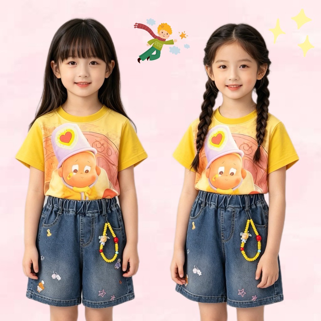 BB294 ชุดเด็กผู้หญิงสไตล์เกาหลี เสื้อการ์ตูนน่ารัก กางเกงยีนส์