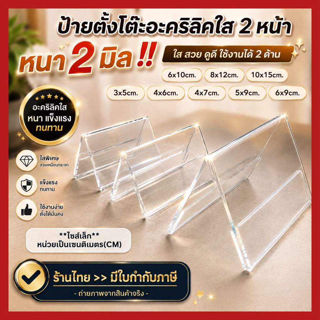 ป้ายราคาอะคริลิค2หน้า 3x5/4x6/4x7/6x9/8x12/10x15cm.หนา2มิล พร้อมส่ง🌟