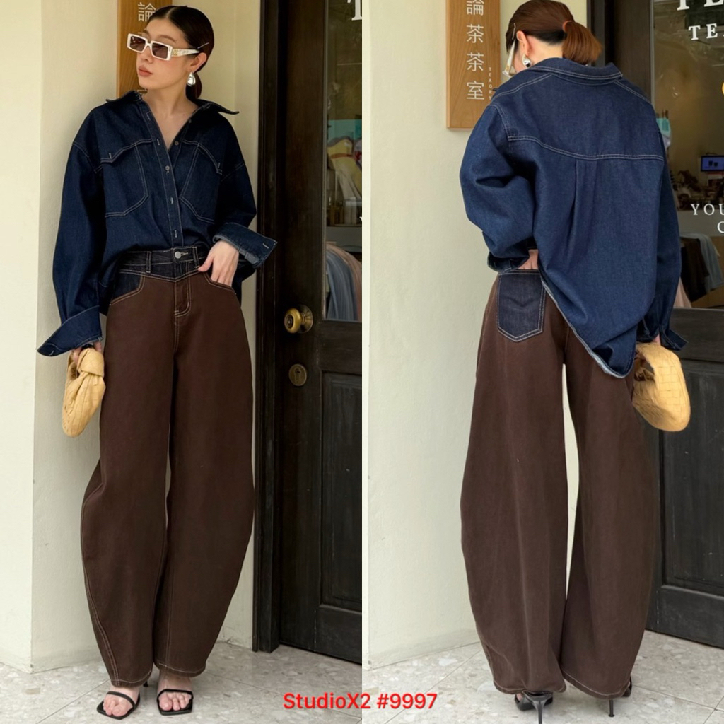 🔖StudioX2 #9997 Two Tones Barrel Jean  กางเกงขาโค้งทรงที่สวย ดีไซน์มาให้เป็บแบบ 2 สี แต่งกระเป๋าหลังทูโทน