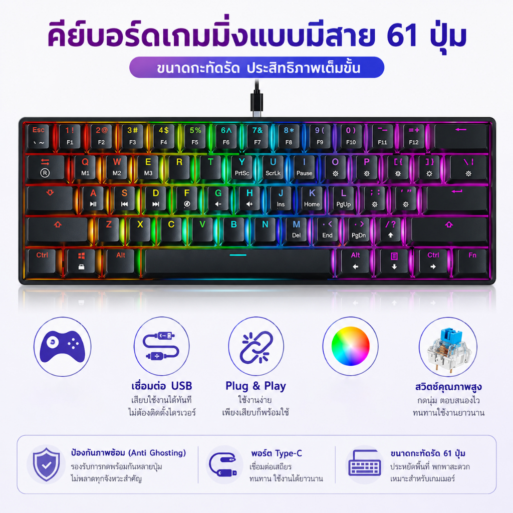 คีย์บอร์ดเกมมิ่งแบบกลไก RGB สายแบบถอดได้ คีย์แคป PBT สวิตช์สีน้ำเงิน คีย์บอร์ดแบบมีสาย